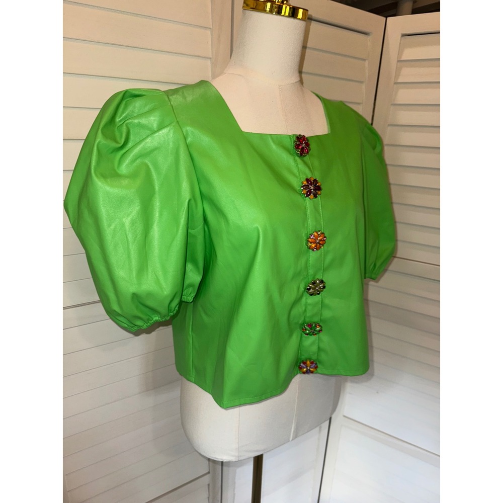Queen of Sparkles Faux Leather Top Women Neon Green Puff Sleeve Jewel Button M - Picture 4 of 8